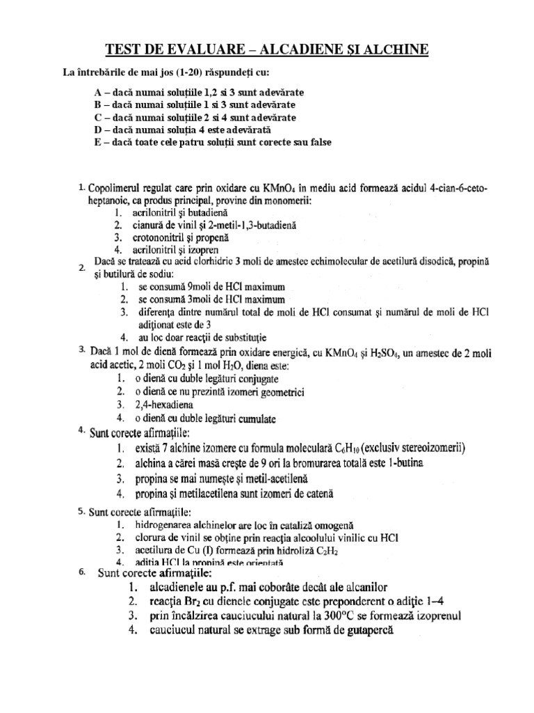 TEST DE EVALUARE - Alcadiene Si Alchine | PDF