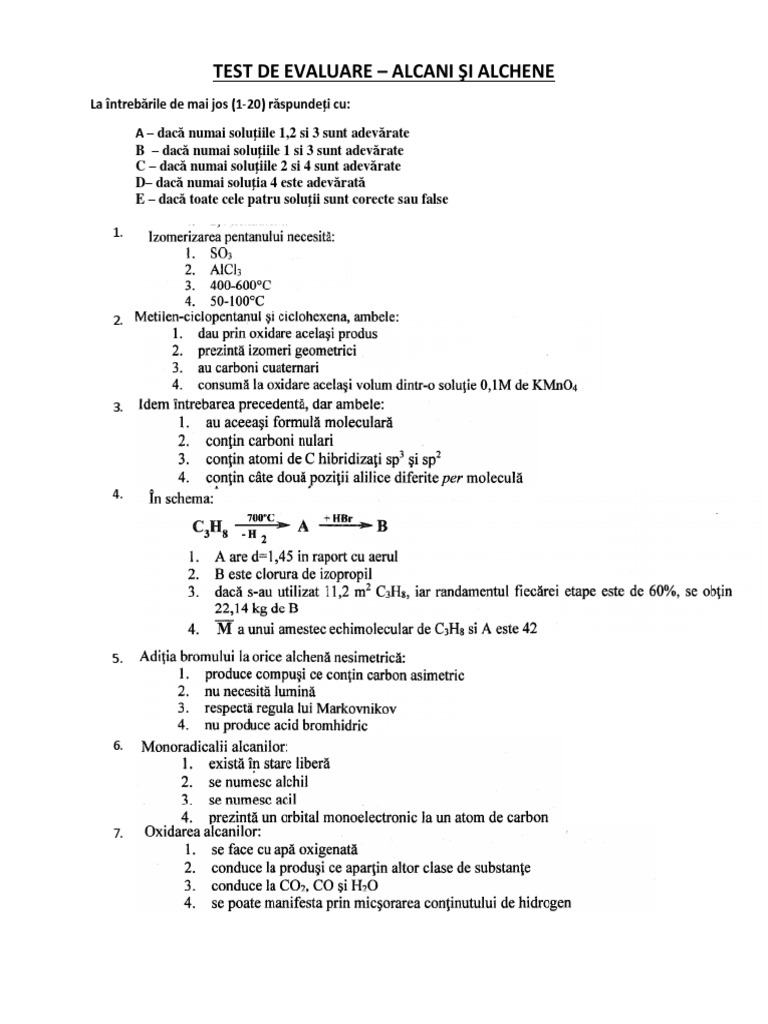 TEST DE EVALUARE - Alcani, Alchene | PDF