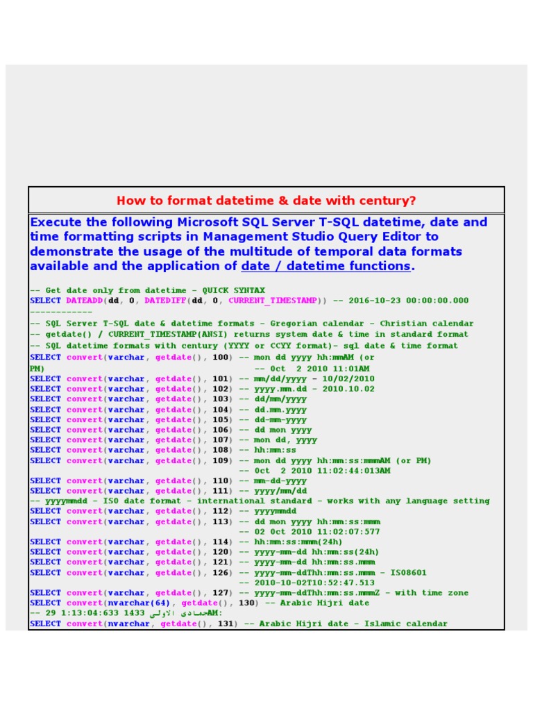 How To Format Datetime & Date With Century?: DD 0 DD 0 | PDF | Computer  Data | Application Software