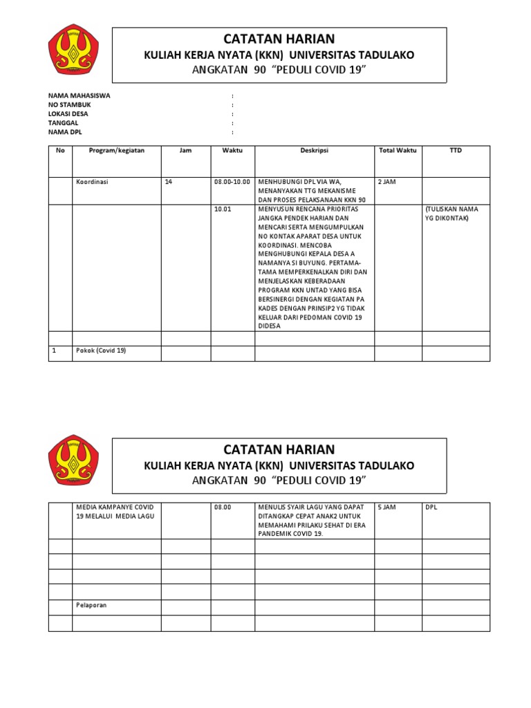 Laporan Harian KKN Universitas Tadulako | PDF