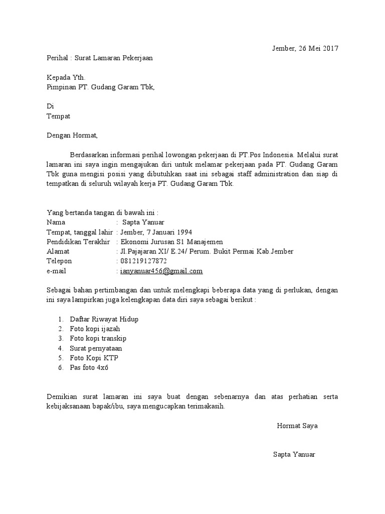 Surat Lamaran Curicuculum Vitae Pt Gudang Garam Tbk Pdf