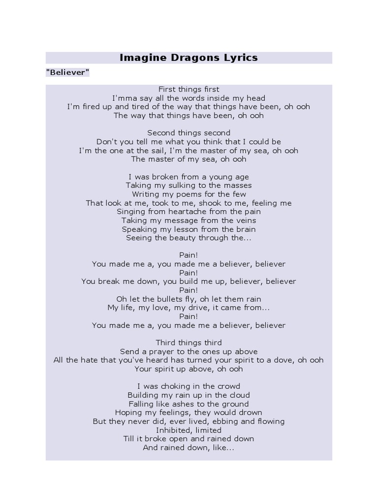 Imagine Dragons Lyrics: "Believer" | PDF