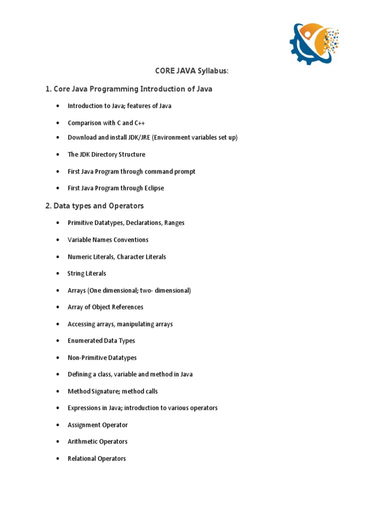 CORE JAVA Syllabus 1 Core Java Programming Introduction Of Java PDF Core java syllabus 1 core java programming introduction of java pdf