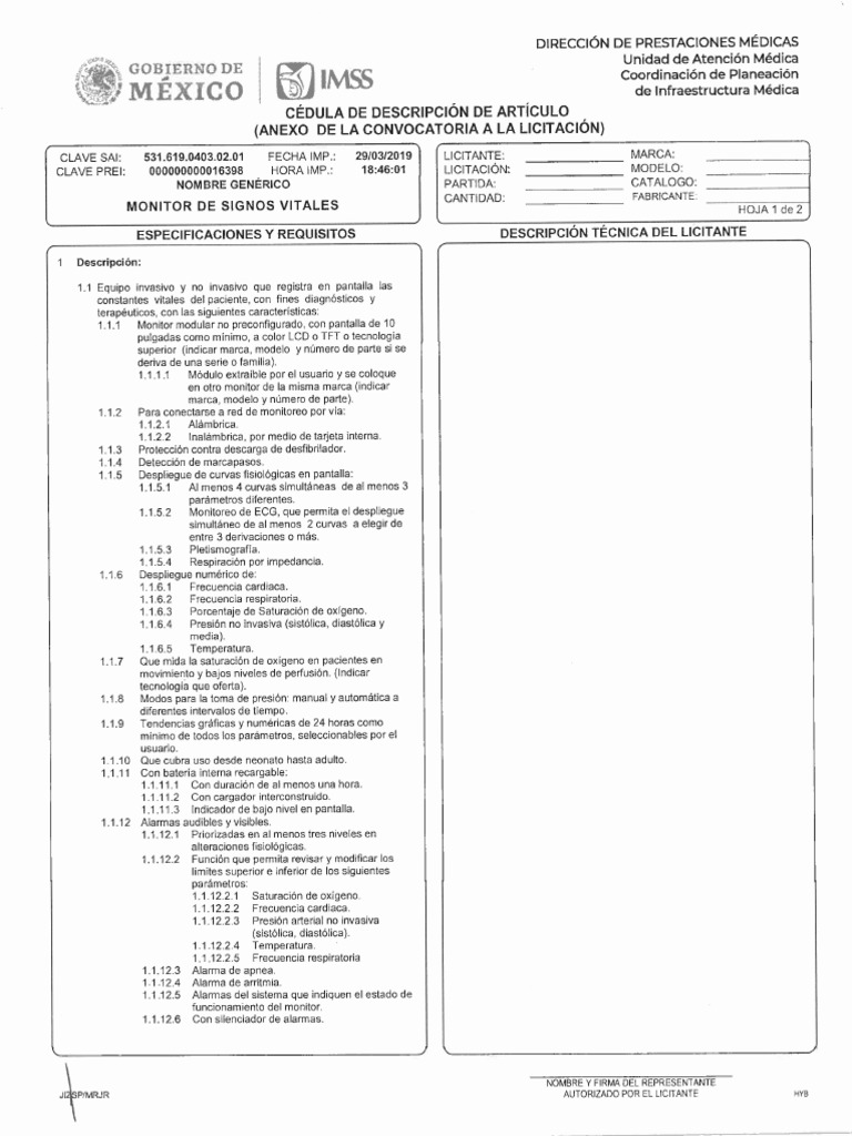 Ficha Tecnica Monitor Signos Vitales IMSS | PDF