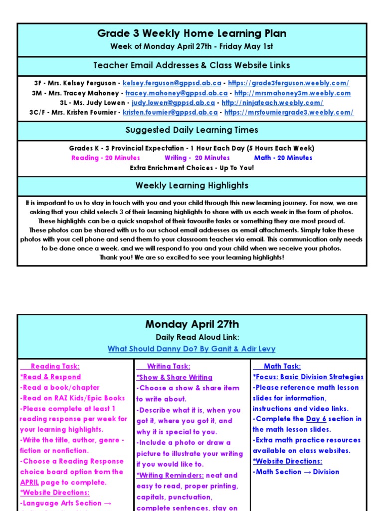 April 27 - May 1 - Grade 3 Weekly Home Learning Plan | PDF | Books ...