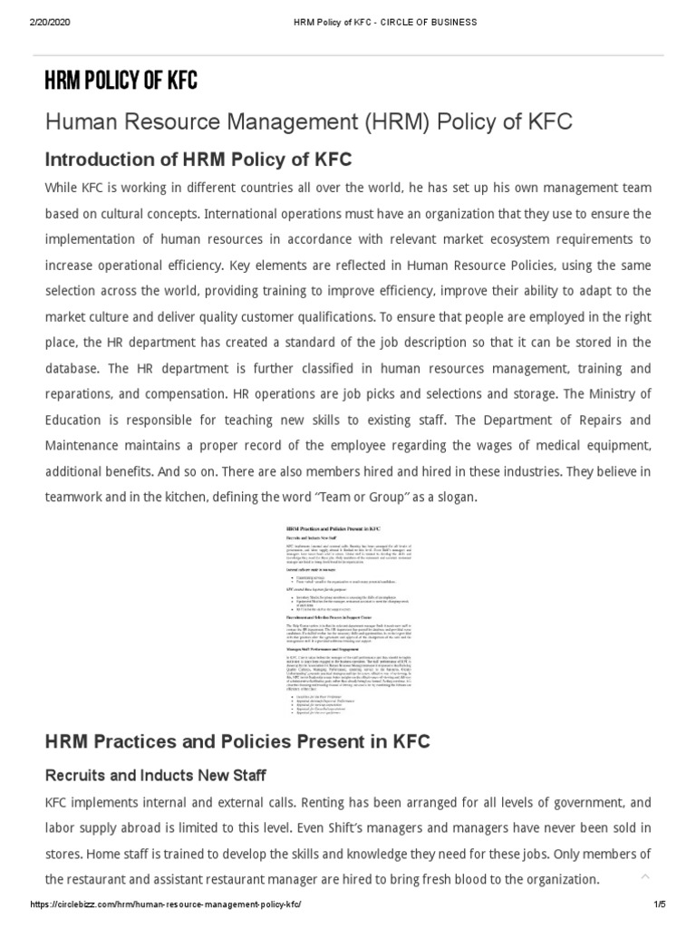 HRM Policy of KFC CIRCLE OF BUSINESS PDF Human Resource