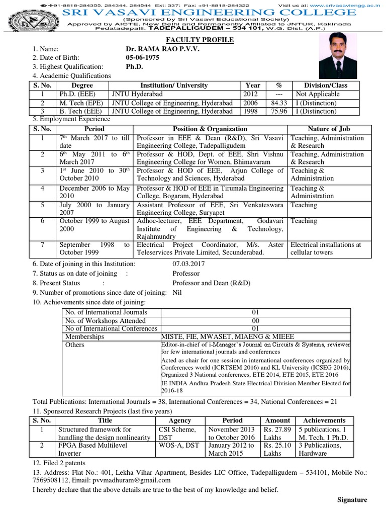 Dr. P.V.V. Rama Rao Profile | PDF | Electrical Engineering | Academia