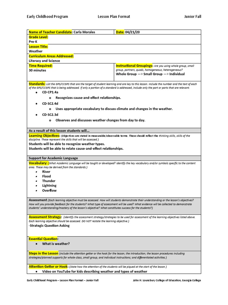 Early Childhood Program Lesson Plan Format Junior Fall | PDF | Lesson ...