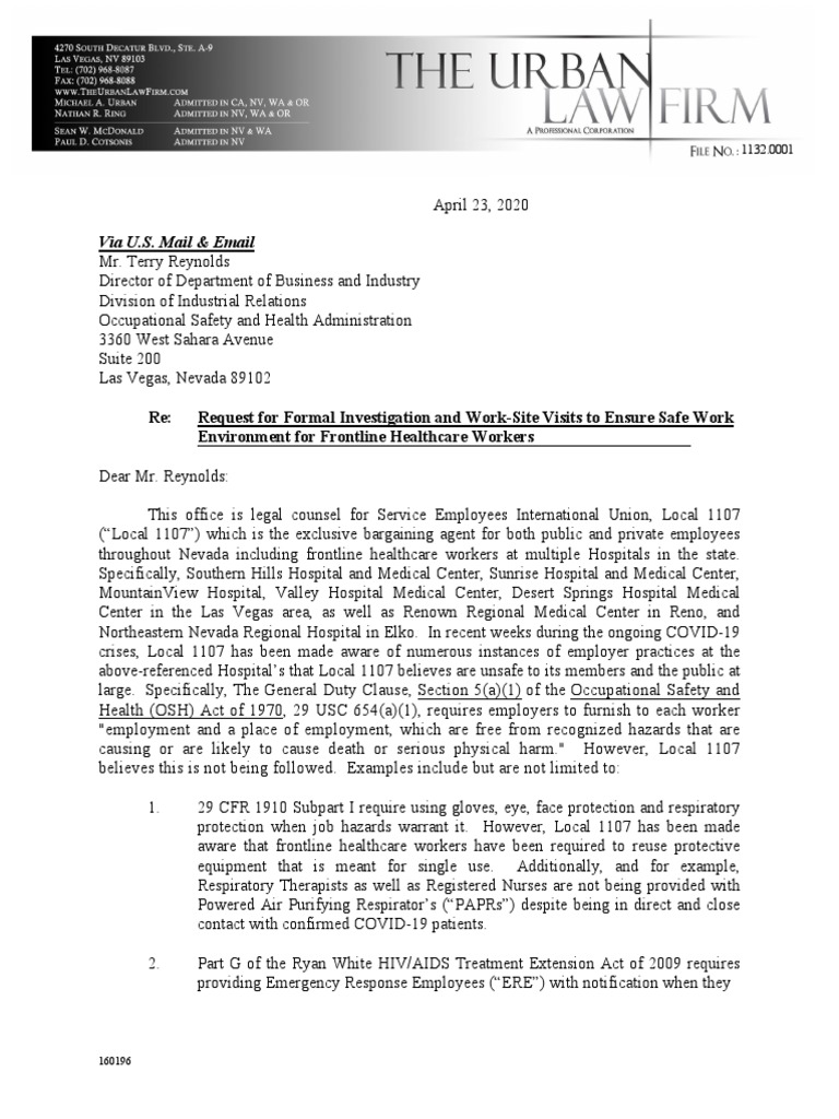 Request for OSHA Investigation of Healthcare Safety | PDF | Health ...