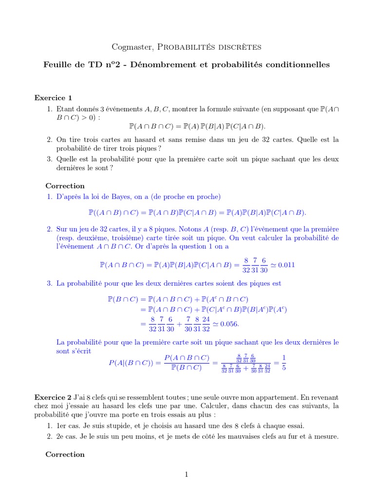 TD2 Corrige | PDF | Probabilité | Théorie des probabilités