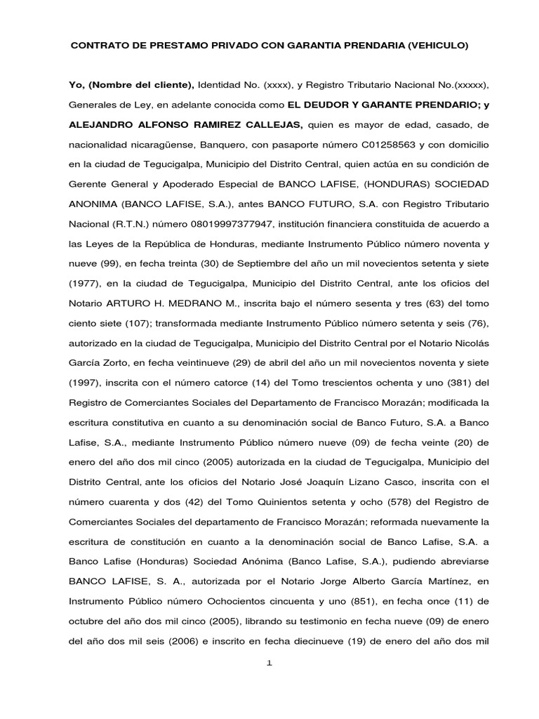 Contrato De Prestamo Privado Con Garantia Prendaria Vehiculo Pdf Pagos Poliza De Seguros