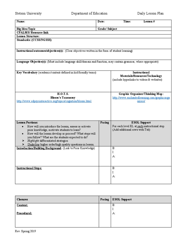 Stetson University Daily Lesson Plan | PDF | Lesson Plan | Educational ...