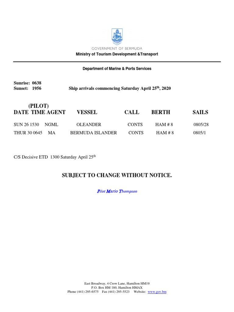 (Pilot) Date Time Agent Vessel Call Berth Sails | PDF