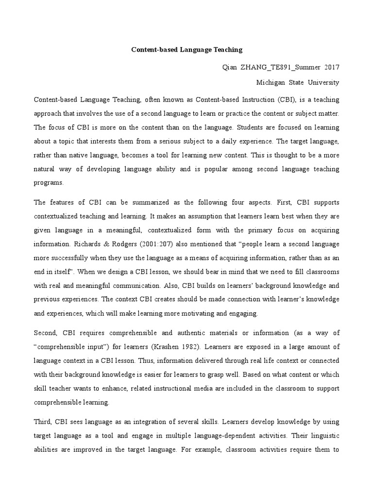 Artifact 1 Qianzhang Content-Based Language Teaching | PDF | Pedagogy ...