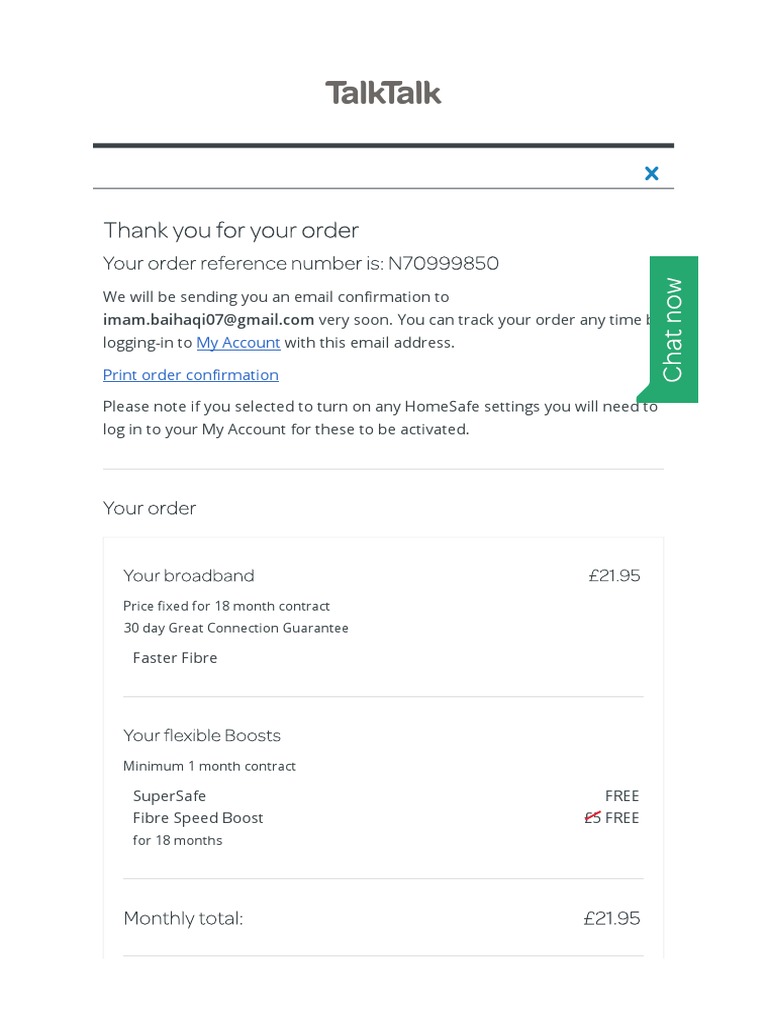 TalkTalk SuperSafe Account Confirmation | PDF