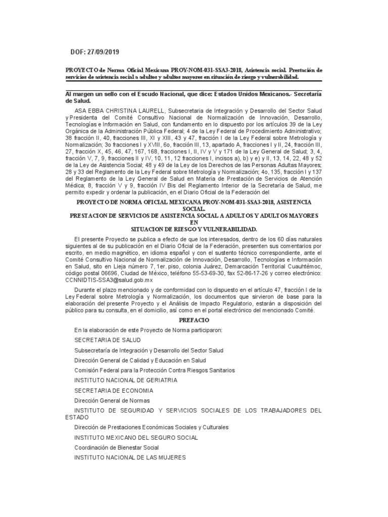 Nom 031 Ssa3 2018 | PDF | Trabajo Social | Cuidado de la salud