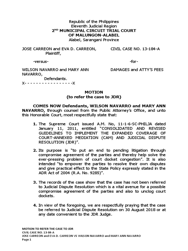 Motion To Refer The Case To JDR | PDF | Alternative Dispute Resolution ...