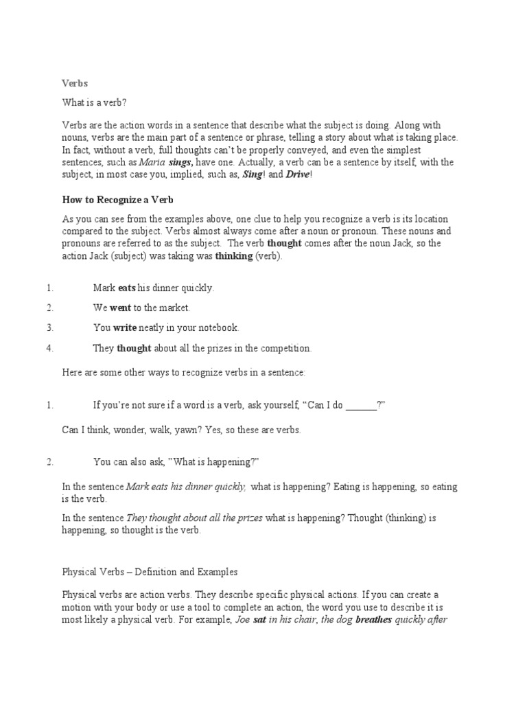 Verbs How To Recognize A Verb PDF Object (Grammar) Verb