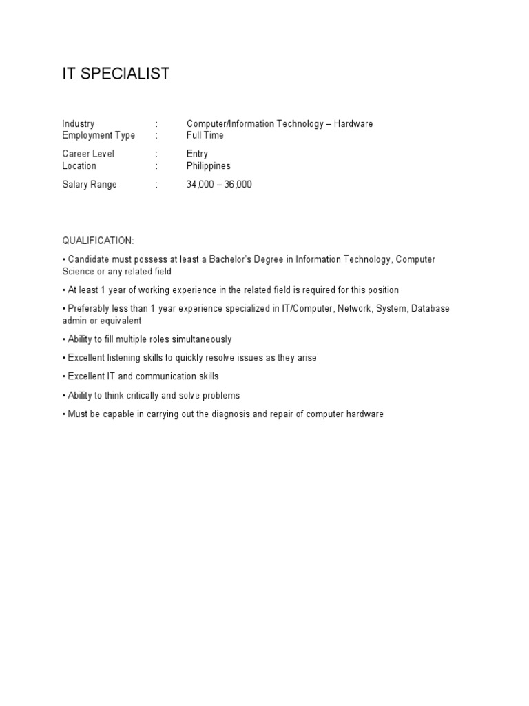 Entry-Level IT Specialist Role | PDF