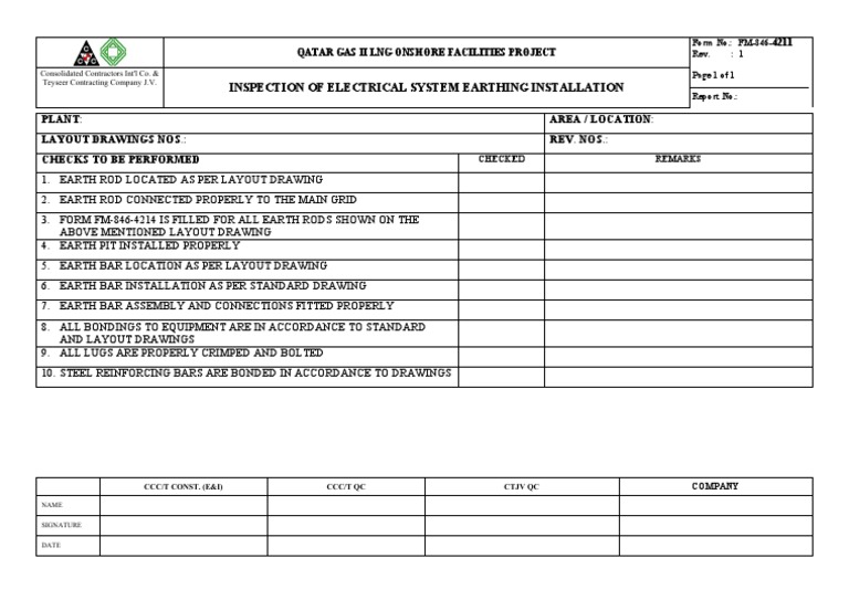 Inspection of Electrical System Earthing Installation | PDF