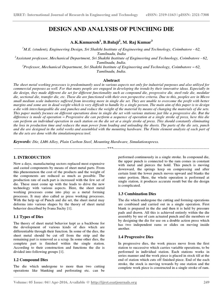 Design and Analysis of Punching Die PDF Sheet Metal Materials