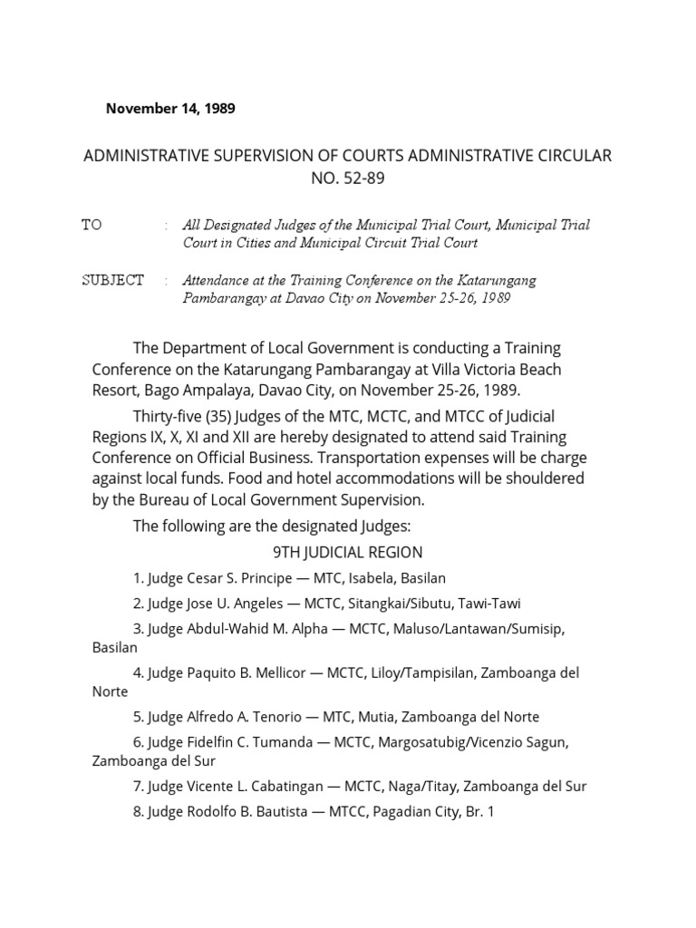 Administrative Supervision of Courts Administrative Circular No. 52-89 ...