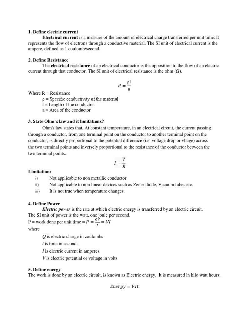 Eee Definations Unit 1 PDF | PDF | Electrical Resistivity And ...