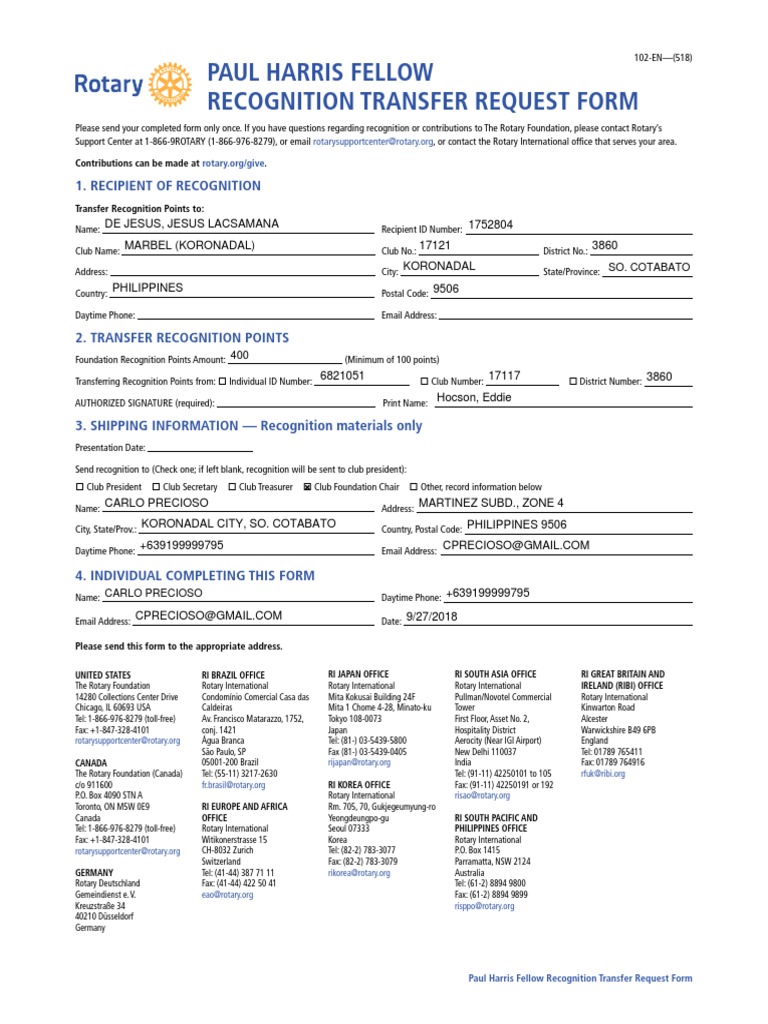 Paul Harris Fellow Recognition Transfer Request Form Clubs And Societies