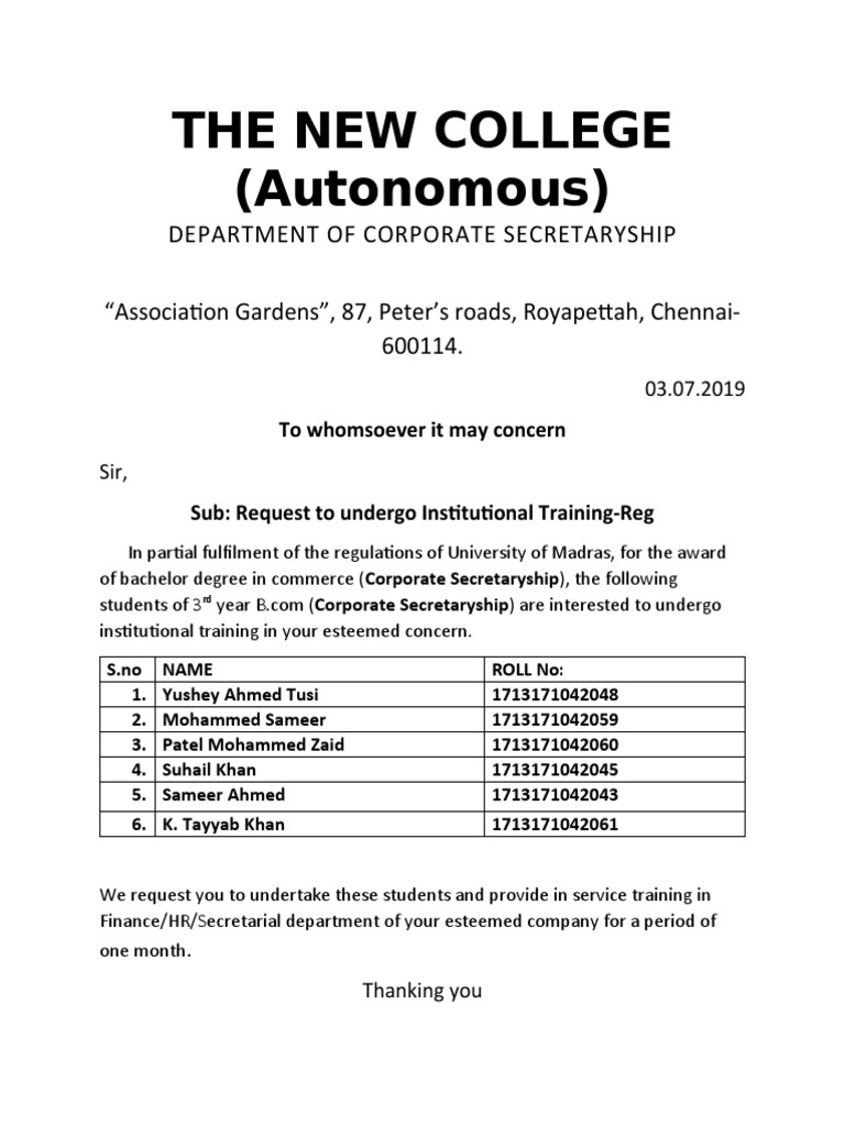 The New College (Autonomous) : Department of Corporate Secretaryship | PDF