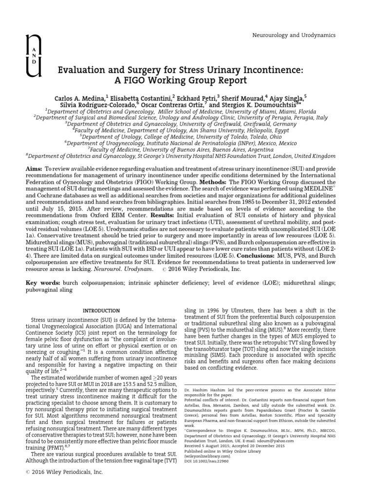 FIGO Guidelines on Stress Urinary Incontinence | PDF | Urinary ...