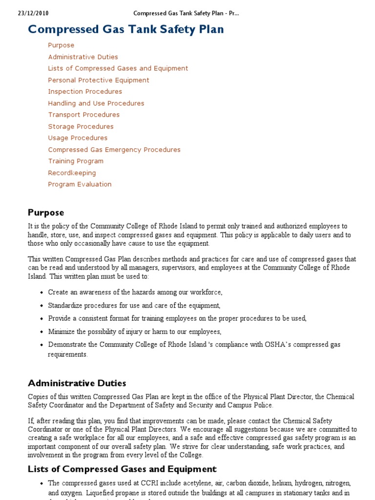 Compressed Gas Tank Safety Plan Programs CCRI Environmental Health and Safety Descargar