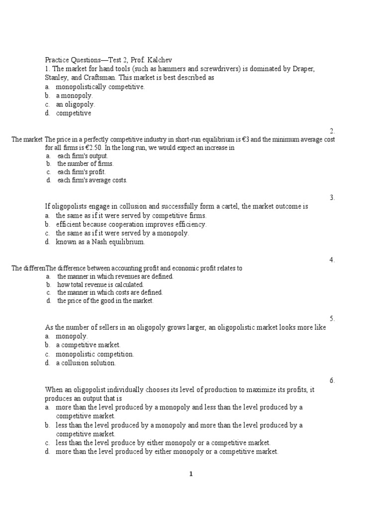 Economics Practice Questions for Test 2 | PDF | Oligopoly | Monopoly