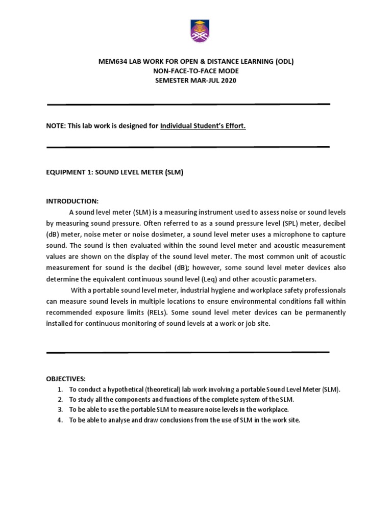 MEM634 ODL Lab Report: Sound Level Meter | PDF | Noise | Hearing
