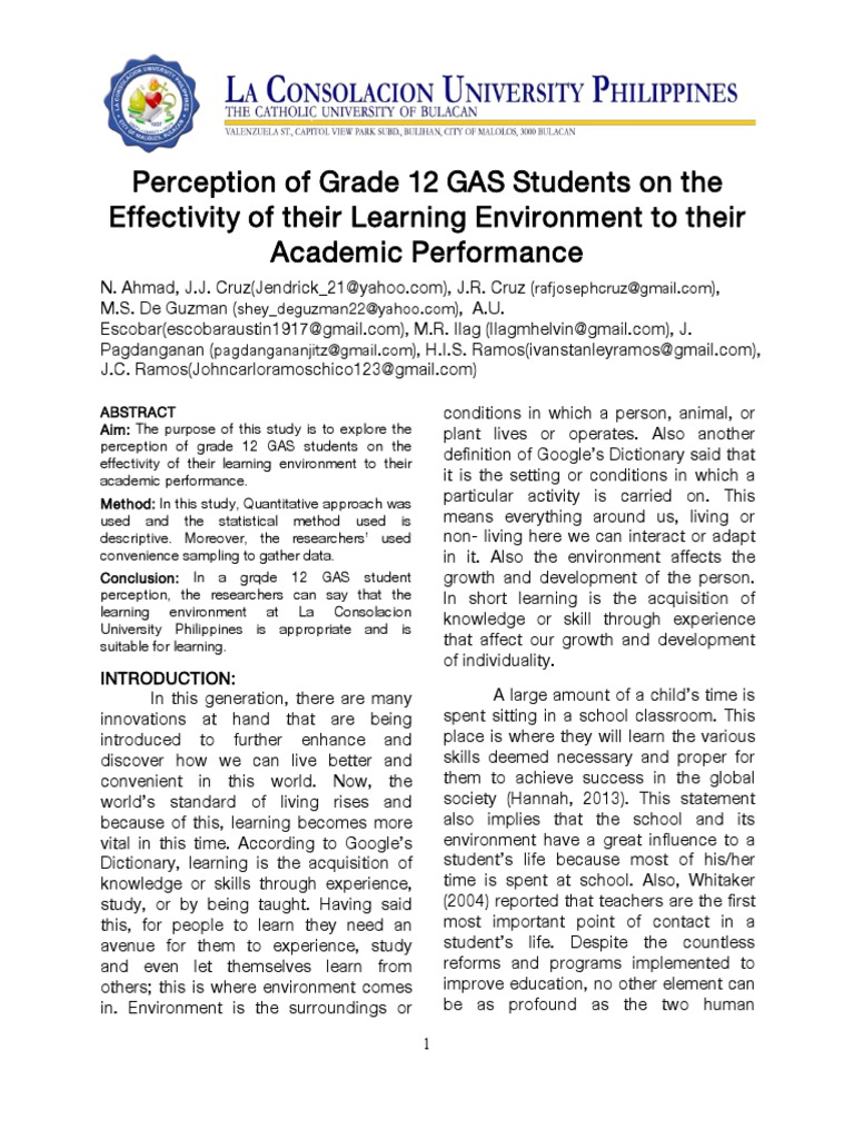 Grade 12 GAS Students' Learning Environment Perception | PDF | Survey ...