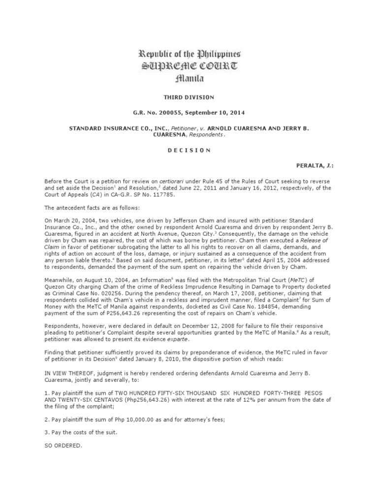 Standard Insurance Co., Inc. vs. Cuaresma Download Free PDF