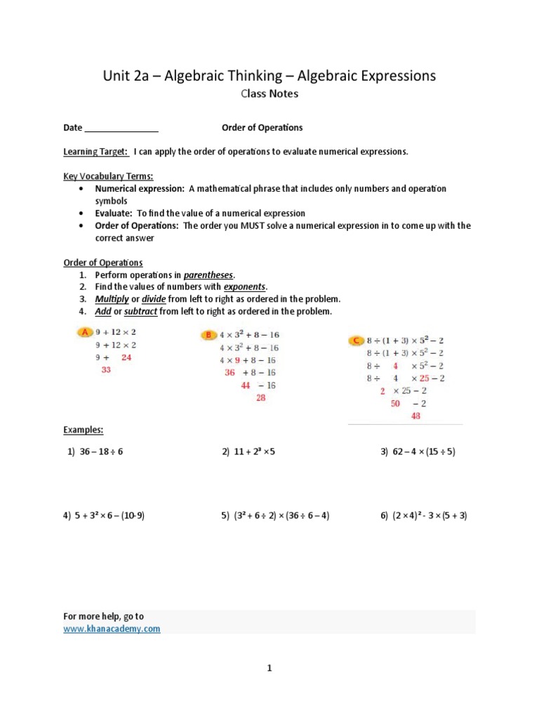 Unit 2a - Algebraic Expressions - Class Notes-1 | PDF | Multiplication ...