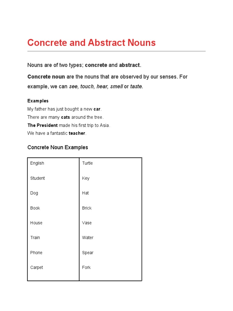 Concrete Nouns and Abstract Nouns PDF Courage Noun