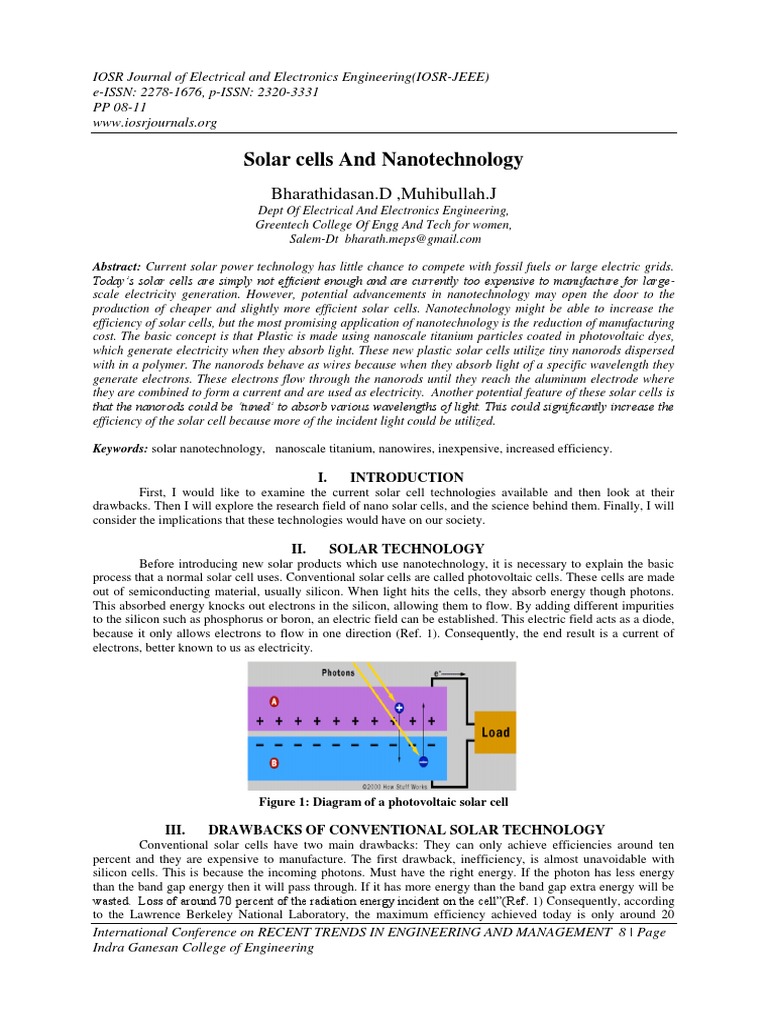 Solar Cells and Nanotechnology: Bharathidasan.D, Muhibullah.J | PDF ...