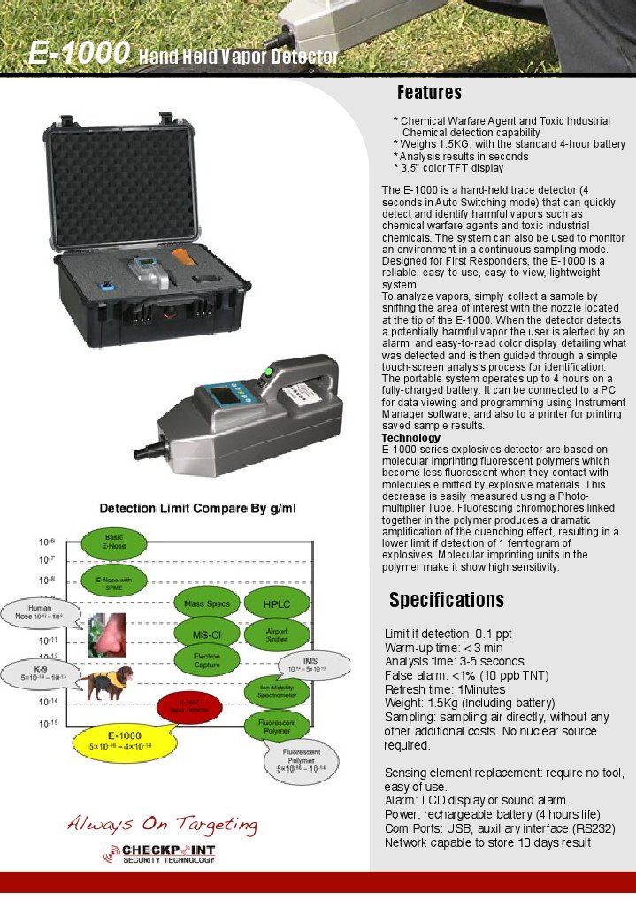 E-1000 Handheld Vapor Detector Specs | PDF | Sensor | Chemical Warfare