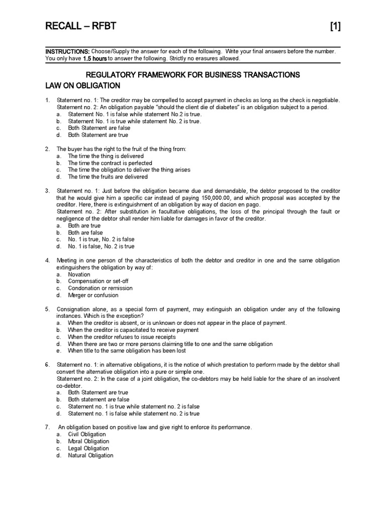 Business Transactions Law Exam Guide | PDF | Business Law | Law Of ...