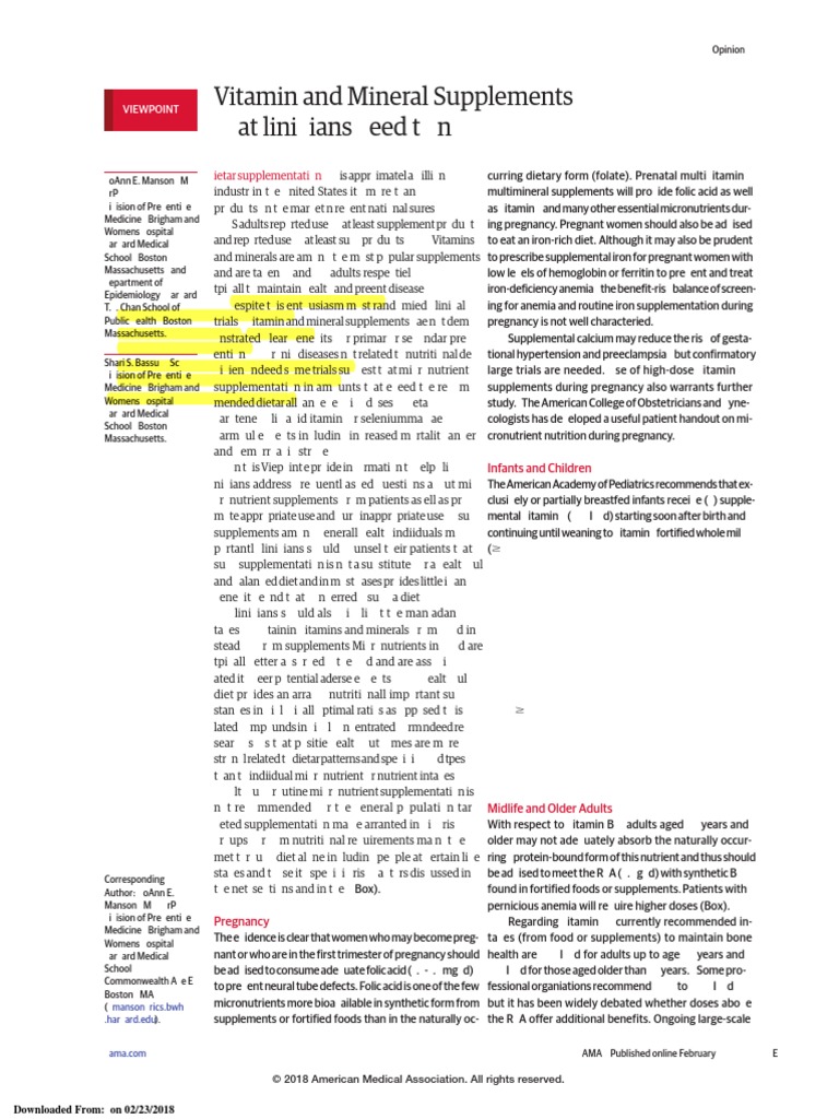 Vitamin and Mineral Supplements What Clinicians Need To Know PDF