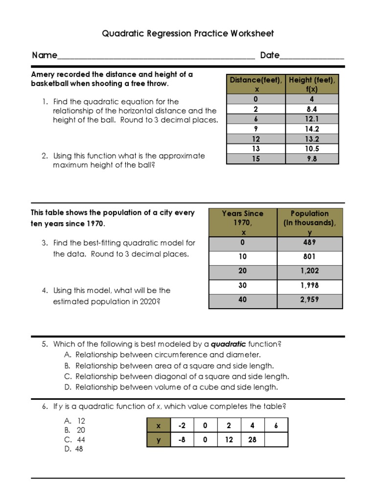 Quadratic Regression Practice Worksheet | PDF | Mathematical Concepts ...