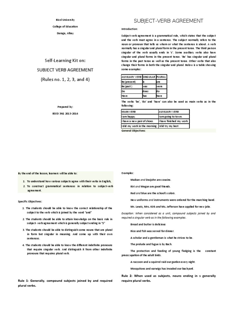 Subject and Verb Agreement | PDF | Grammatical Number | Verb