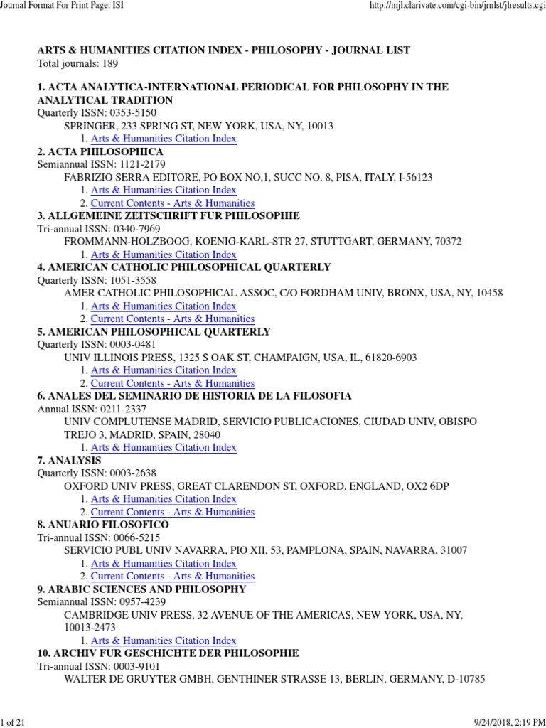 Arts & Humanities Citation Index Philosophy Journals (Verified) PDF