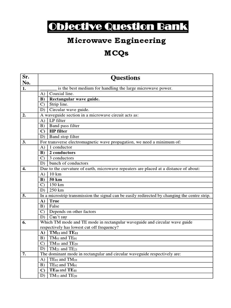 Microwave Engineering Mcqs Waveguide Microwave