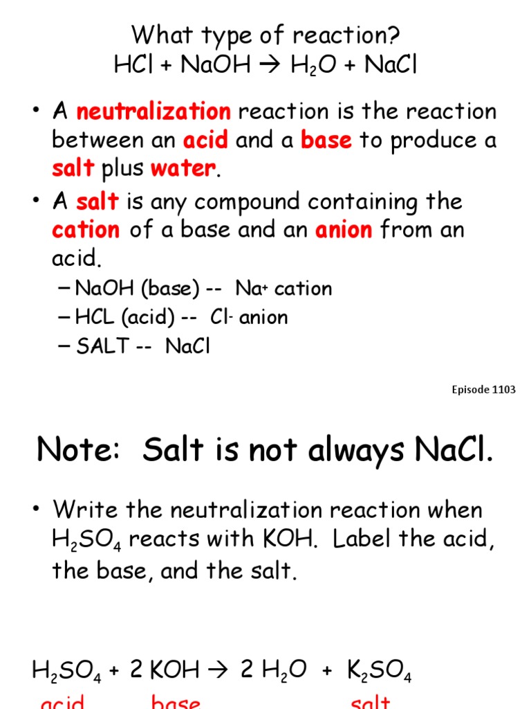 What Type of Reaction? HCL + Naoh H O + Nacl Neutralization Acid Base