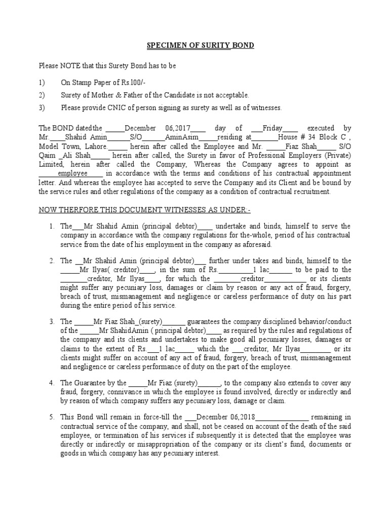Specimen of Surity Bond | PDF | Guarantee | Contract Law