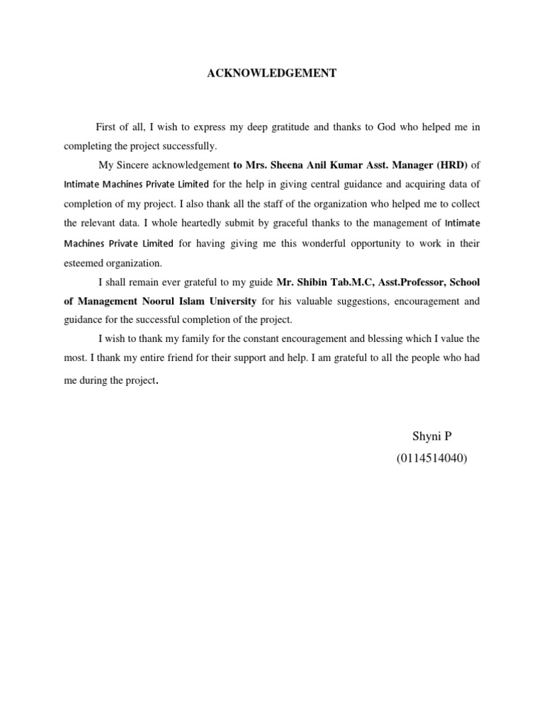 Acknowledgements for Project Completion | PDF