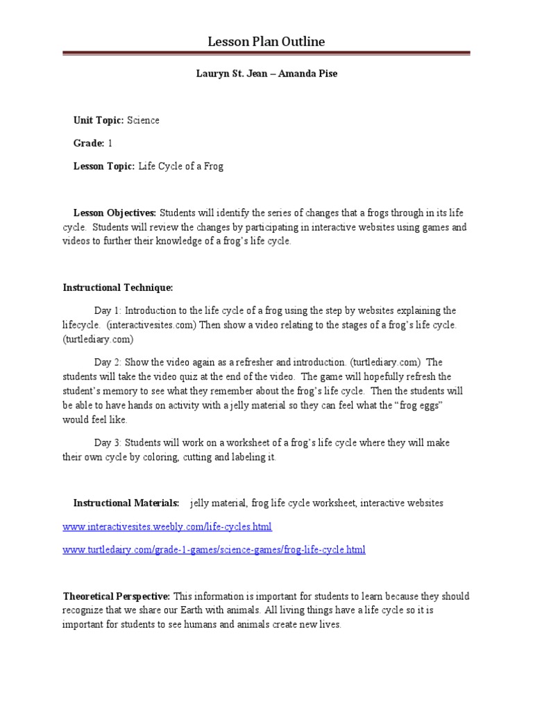 Frog Life Cycle Lesson Plan for Grade 1 | PDF | Lesson Plan ...