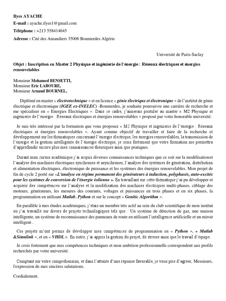 Lettre de Motivation  PDF  Générateur électrique  Énergie renouvelable